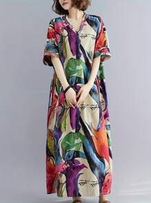 Plus Size Printed Pocket V-Neck Dress, Minimalist & Fashionable, Suitable For Summer Vacation Elegant - Mixed Colors - View 3