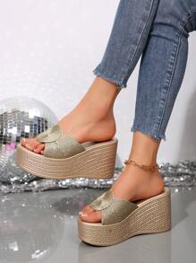 Damen Schlappen mit Schleife Verzierung und Keilsohle, leichte Offene Zehen Lässig Strandschuhe für Outdoor-Aktivitäten