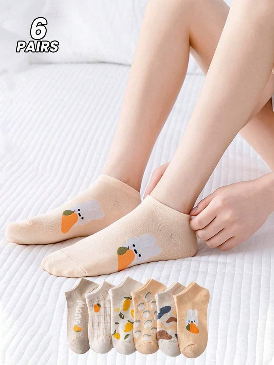 6 Pairs/Pack For Ladies, Cute And Sweet Japanese Style Bunny Mango Lemon Low-Top Shallow Socks, Student Girl Style Socks - Multicolor - View 1