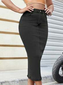 Solid Color Bodycon Denim Skirt With Back Slit – Sexy High Stretch Slim Fit Denim Skirt - màu đen - Xem 5