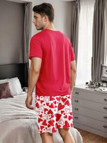 男士心形印花睡衣套装，家居睡衣 - 紅色 - 查看 3