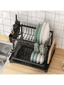1 Set 2-Tier Stainless Steel Dish Drying Rack With Drainage Tray, Adjustable Dish Drainer For Kitchen Counter, Rotatable Drainage System - Multicolor - View 9
