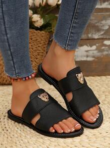 Women's Flat Slide Sandals With Leopard Head Metal Decor Strap Design, Pure Black Color Beach Shoes, Elegant Style, Summer Holiday Vibe