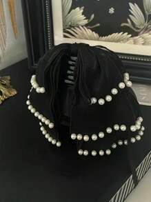 1pc Women Fairy Style Ribbon Bow Hairclip (Random Faux Pearls), Romantic Mori Style Hair Accessory Clip For Partial Updo,Hair Accessories,Hair Claw,Claw Clips,Hair Clutch,Hair Jaw Clip