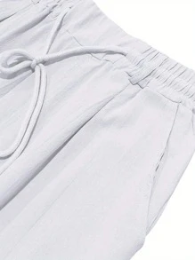 Men's Breathable Linen Pants Solid Color Drawstring Waist Casual Straight Leg Trousers For Summer - 白色 - 查看 5