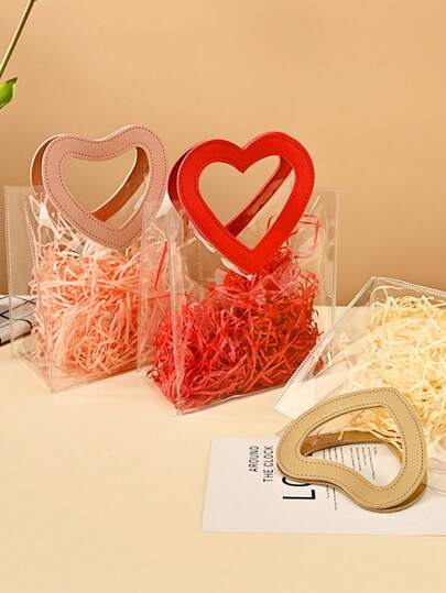 3pcs Pink Heart Shaped Clear Tote Bags, PVC Transparent Gift Packaging Bags, Suitable For Various Holiday Gifts, Souvenirs, Flower Bouquet Packaging, Ideal For Daily And Holiday Gifting
