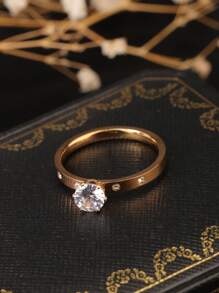 1 pieza Anillo con forma de corona incrustado con gran cubic zirconia, de acero de titanio de color oro/oro rosa/plata, de estilo personalizado y de moda, adecuado para uso diario de mujeres y como regalo para fiestas