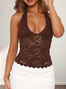 Women Lace Halter Tank Tops Y2K Floral Lace Sleeveless Deep V Neck Ruffle Hem Low Cut Sheer Mesh Crop Top Sexy See Through Backless Vest Shirts Summer Going Out Tops Party Club Streetwear - 咖啡棕 - 查看 4