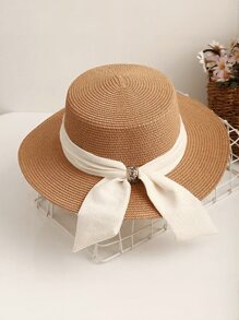 1pc Women's Wide Brim Flat Top Hat With Bowknot Decor, White Color Sun Hat Beach Hat - Hat - View 1