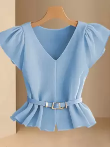Women's V-Neck Blue Minimalist Elegant Blouse