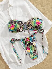 2025 New Sexy Tropical Print Halter Bikini With Drawstring - Multicolor - View 3