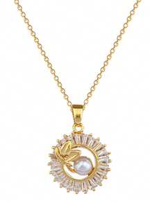 1pc Stainless Steel Circle Leaf Necklace Earring 2-In-1 Set, Sparkling Rhinestone Luxury Earrings & Necklace, Without Gift Box - Pearl - View 3