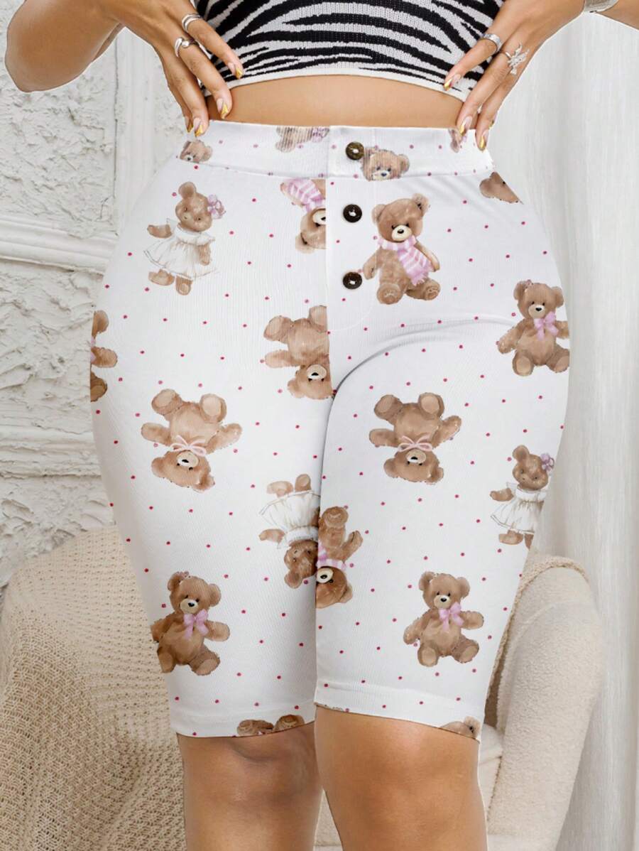 Plus Size Women's High Stretch Fitted Shorts, Teddy Bear Print Pattern With Button Decor, Casual & Comfortable Knitted Pants - Multicolor - View 1