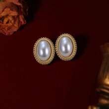 MONALLY 18K Gold Plated 1pair Luxury Fashion Oval Pearl Earrings Elegant For Women Stainless Steel Jewelry Birthday Gift For Banquet