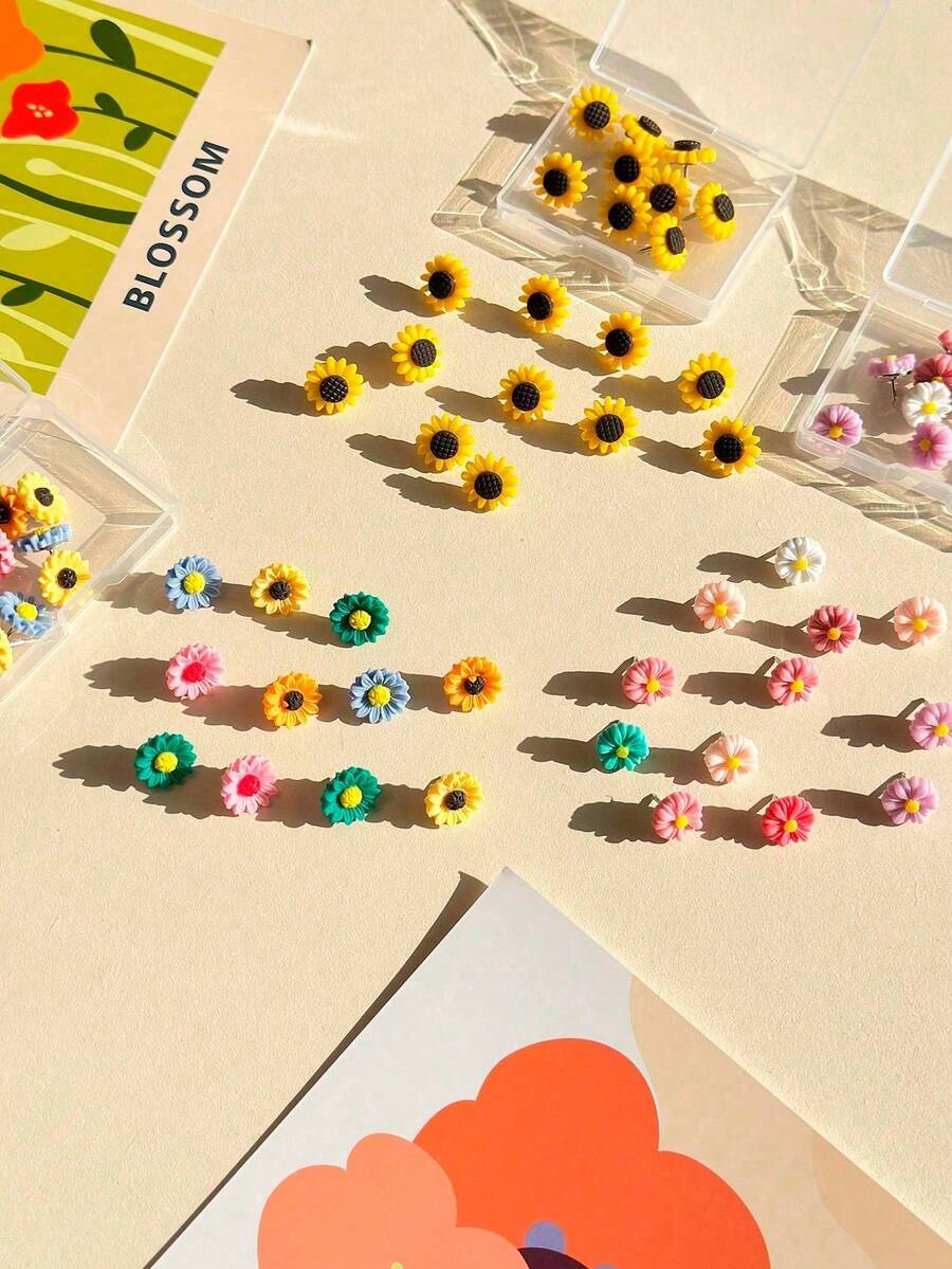 20pcs/Box Mixed Color Flower Shaped Thumbtacks, Soft Cork Wall Decor Pins