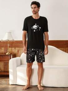 Set de pijamale pentru bărbați, cu mâneci scurte, cu imprimeu planetă, cu mâneci scurte, îmbrăcăminte ușoară de vară