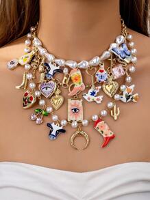 1 Chiếc Vòng Cổ Quyến Rũ Mùa Hè Cho Nữ Giày Cao Bồi Khóa Trái Tim Vòng Cổ Thánh Giá, Vòng Cổ Hạt Ngọc Trai Giả Cho Nữ Trang Sức Boho - Nhiều màu - Xem 1