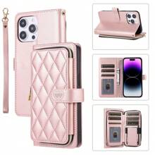 Crossbody Wallet Case For IPhone 16 15 14 13 12 11 Pro Max 7 8 Plus SE 2020 SE 2022, PU Leather Zipper Handbag Purse Flip Cover, Kickstand Folio Case With Card Slots Holder Wrist Strap Lanyard - 玫瑰金 - 查看 1