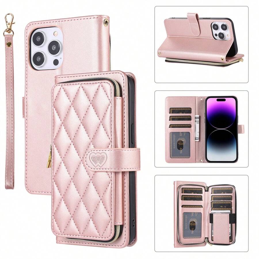 Crossbody Wallet Case For IPhone 16 15 14 13 12 11 Pro Max 7 8 Plus SE 2020 SE 2022, PU Leather Zipper Handbag Purse Flip Cover, Kickstand Folio Case With Card Slots Holder Wrist Strap Lanyard - 玫瑰金 - 查看 1