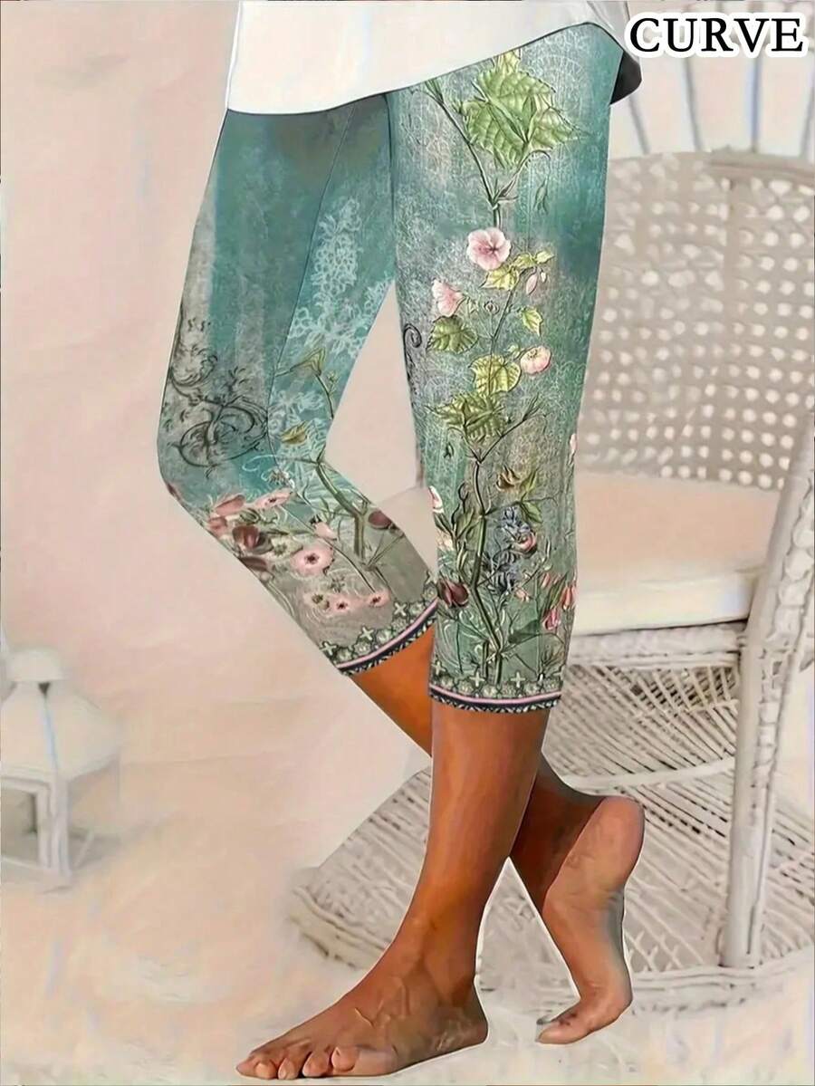 Leggings elegantes con estampado floral para mujer de talla grande