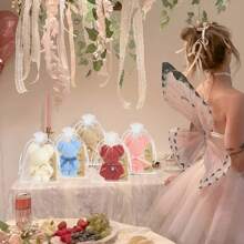 Set de 15 piezas de toallas de mano con forma de oso adorables que incluye 5 toallas de mano de felpa de coral suave con perlas, 5 bolsas de organza y 5 etiquetas de agradecimiento como obsequio para bodas, cumpleaños, festividades y regalos de Navidad.