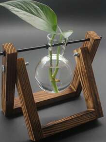 创意木制框架水培花瓶花盆，现代简约办公室玻璃桌面装饰，绿叶植物