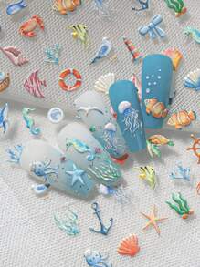 新款秋夏欢乐海洋世界美甲贴纸立体浮雕贝壳水下生物指甲背胶装饰贴适合个人DIY及美甲店使用