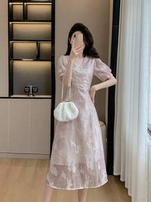 RUIWY 女士V领雪纺精美刺绣收腰中长连衣裙，复古中国风，适合春夏季 - 淡紫色 - 查看 9