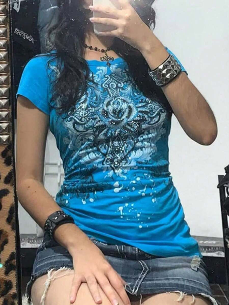 Women Y2k Fairy Grunge Shirt Top Punk Goth Graphic Short Sleeve Crewneck T Shirts E-Girls Slim Fit Tees Top Vintage Aesthetic Clothes Streetwear - 藍色 - 查看 1