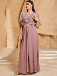 Women's V-Neck Solid Color Floral Embroidered Pearls Decorated High Waist Long Sleeve Arabian Dress