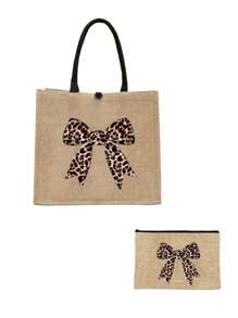 Un ensemble de sacs à main avec un imprimé léopard, un nœud et un motif de bande dessinée, fabriqué en lin jaune, comprenant un sac à main à boucle magnétique et une trousse de maquillage.
