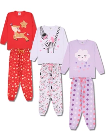 8 Pieces Of Assorted Long Sleeve Children's Pajamas For Girls - 4 T-Shirts + 4 Pants - 彩色 - 查看 3