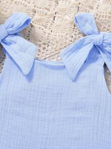 Young Girl Simple Bow Decor Camisole And Straight Pants 2 Pieces Set - Blue - View 4