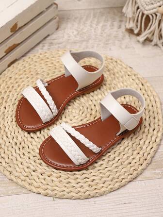 1 Pair Infant/Toddler Girls' Woven Roman Sandals, Round Toe, Thick Elastic Strap Design, Flat & Comfy, Suitable For 3-12 Yrs Old, Casual Beach/Holiday/Outdoor Wear In Summer