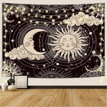 1 peça tapeçaria amarela de sol e lua, tapeçaria vintage boho para pendurar na parede com girassóis, borboletas, mariposas, constelação, tapeçarias de parede estéticas para quarto, dormitório, sala de estar, presentes de aniversário, formatura, decoração de quarto, decoração de parede, decoração de quarto, arte de parede, pôster, decoração de casa, sala de estar, tapeçaria para quarto, bandeira, decoração de quarto