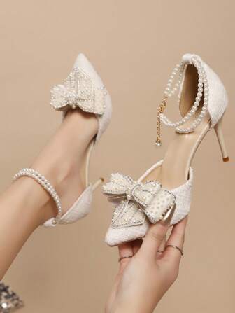 라인스톤이 있는 뾰족한 토 투명 스틸레토, 보우노트 장식 앵클 스트랩 프렌치 스타일 샌들, 2025년 봄 여름 신상품, 우아한 여성 펌프스, 우아한 파티 의상