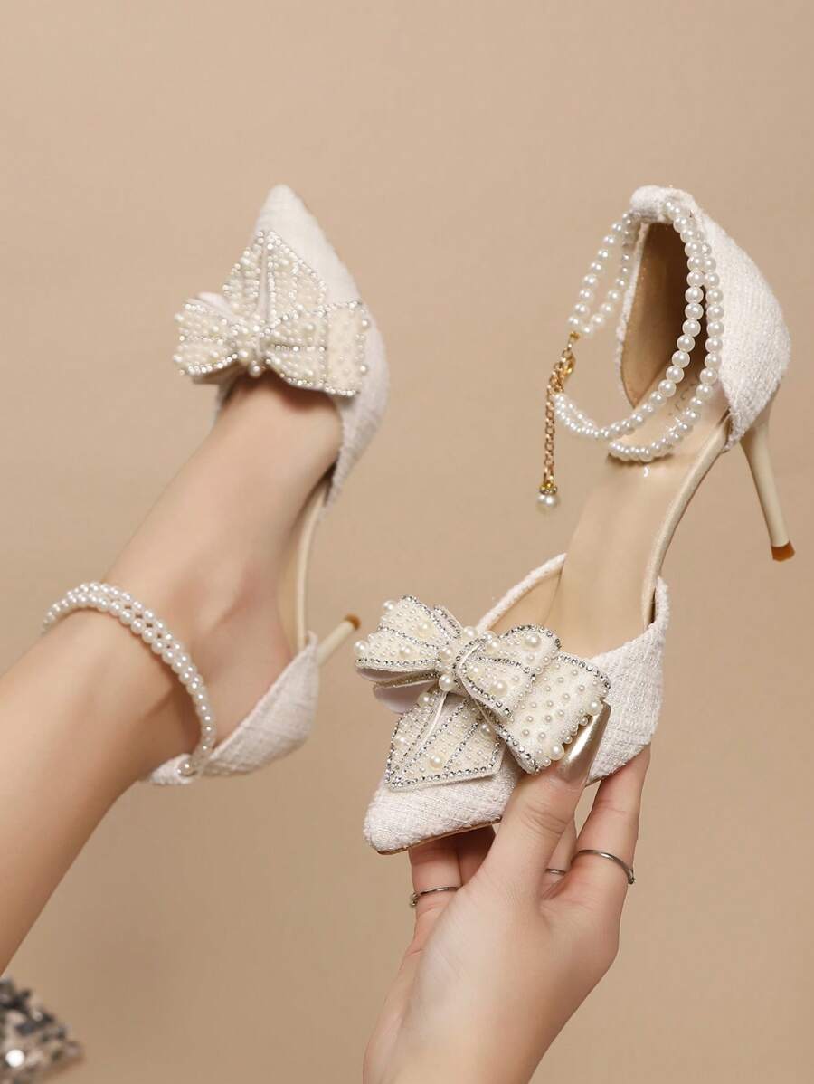 Talons aiguilles transparents à bout pointu avec strass, sandales à bride à la cheville avec décoration nœud papillon, style français. Nouvelles arrivées printemps été 2025, élégantes, escarpins femme, tenues de soirée, tenues de mariage - Blanc - Voir 1