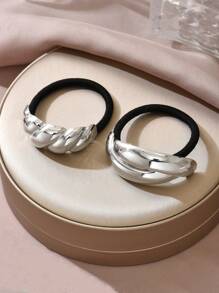 2pcs Shiny Metal Ribbed Criss-Cross Elastic Hair Scrunchies, European Style For Women - White Gold - View 2