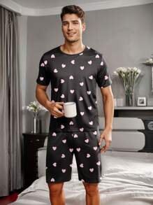 Men's Sleepwear Set, Heart Print Design, Pink - Black - View 3
