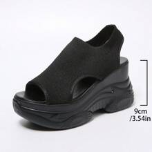 Damen Plateausandalen einfarbig, Lässig Offene Zehen Plateau-Sohle Schuhe, Sommer Schnür-Sandalen Modische Sneaker - Schwarz - Übersicht 6