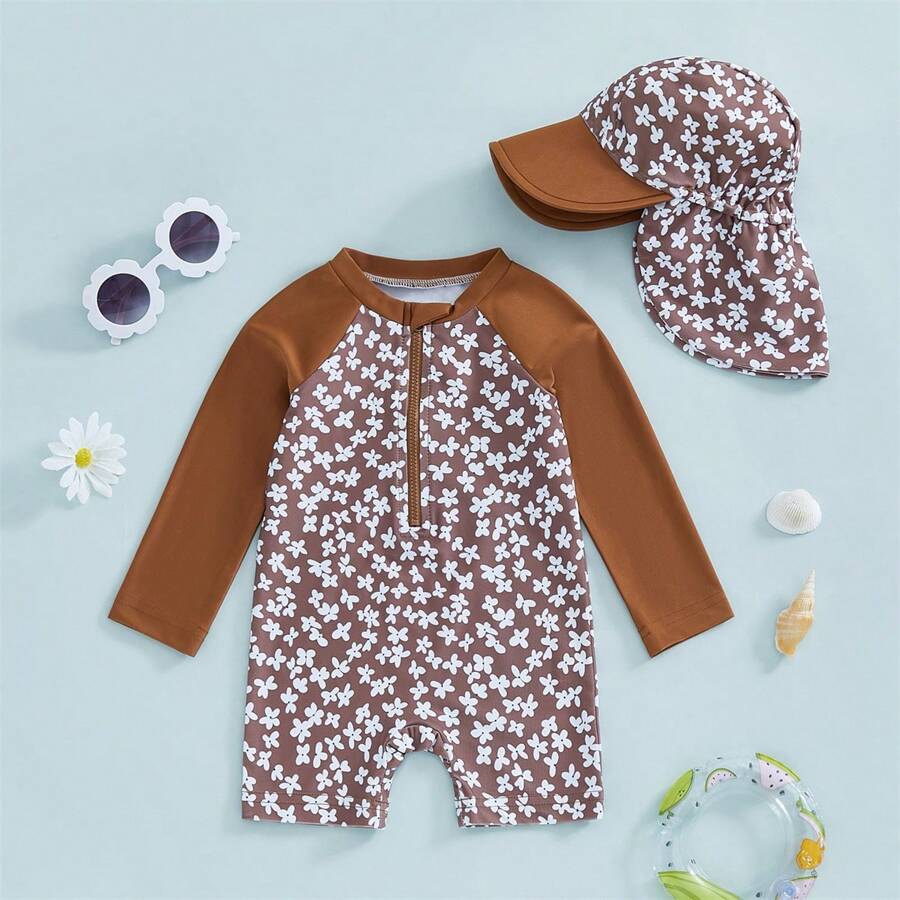Toddler Baby Girl One Piece Swimsuit UPF 50+ Sun Protection Long Sleeve Rash Guard Bathing Suit Swimwear Sunhat Set - 棕色 - 查看 1