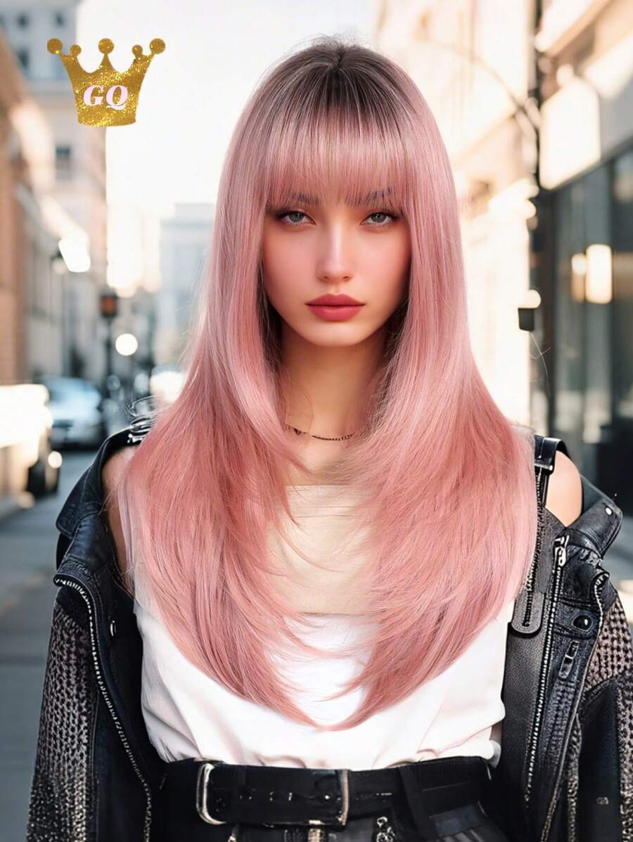 高品质 24 英寸粉色多层直发合成耐热纤维假发带刘海女士假发非常适合节日派对日常佩戴