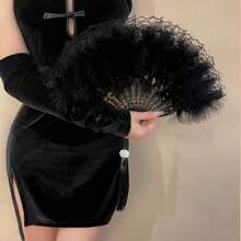 复古中国风羽毛折扇适用于汉服、旗袍、舞蹈、万圣节、黑色蕾丝装饰手扇 - 黑色羽毛扇子+吊墜 - 查看 4