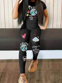 跨境欧美时尚女士修身印花长裤 - 黑色 - 查看 1