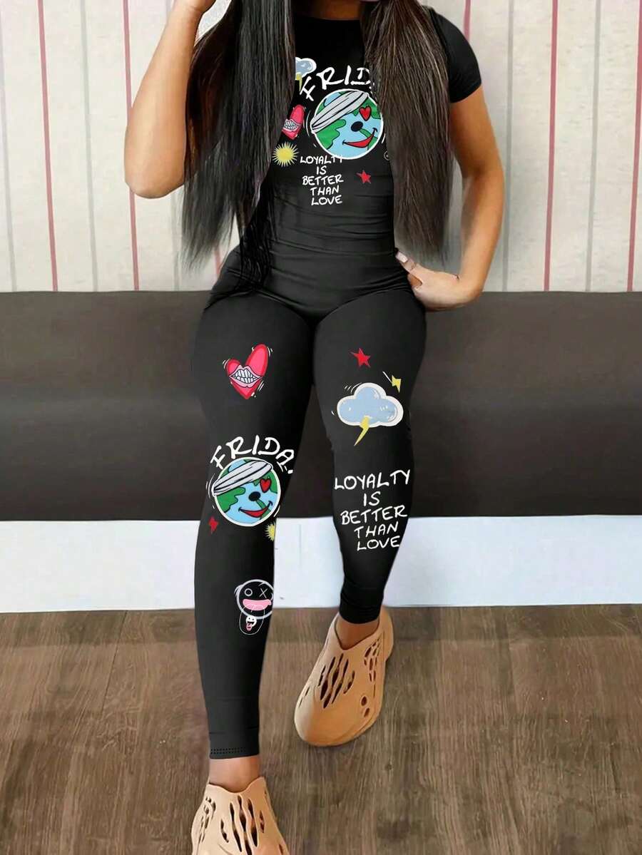 跨境欧美时尚女士修身印花长裤 - 黑色 - 查看 1