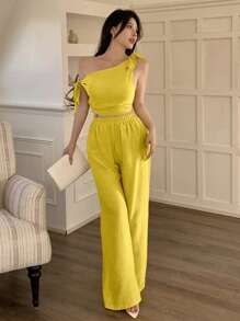 abyoxi 两件套：不对称领口系带腰身休闲上衣和阔腿裤，性感黄色套装，适合通勤、度假、海滩、春夏穿着。 - 黃色 - 查看 5