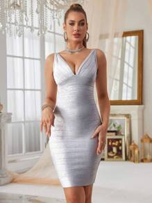 Silver Deep V Halter Tight Bandage Dress Prom Party Gowns Cocktail Dress