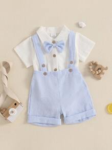 Baby Boy Gentleman Outfit Solid Color Short Sleeve Lapel Neck Romper With Stripe Suspender Shorts And Bowtie - 淺藍色 - 查看 2