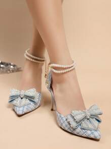 Giày cao gót mũi nhọn đính pha lê đính nơ thời trang xuân hè 2025 quai trong suốt kiểu Pháp, thanh lịch, giày cao gót nữ, trang phục dự tiệc sang trọng - Màu xanh lam - Xem 3