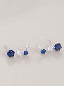 1 Pair S925 Sterling Silver Colored Cubic Zirconia Stud Earrings, High-Quality Elegant Jewelry For Daily Wear - Silver - View 2